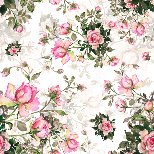 Watercolor seamless pattern bouquet of roses in bud 