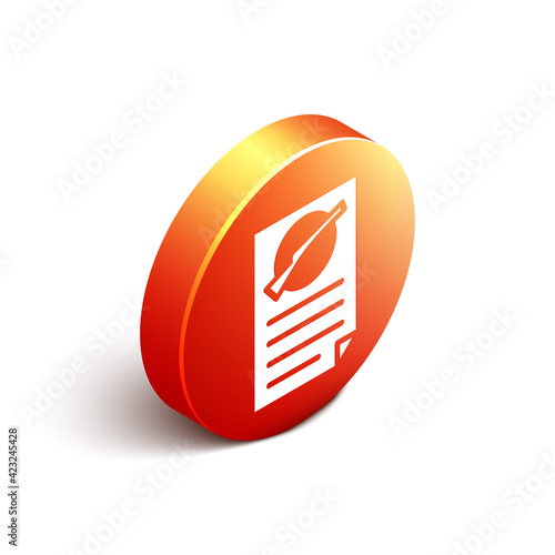 Isometric Firearms license certificate icon isolated on white background. Weapon permit. Orange circle button. Vector