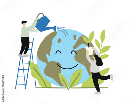 Two people or ecologists taking care of world. Saving concept. Vector illustration of Earth day and saving planet