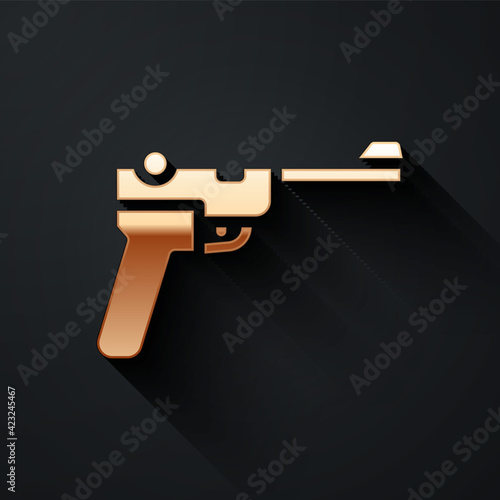 Gold Mauser gun icon isolated on black background. Mauser C96 is a semi-automatic pistol. Long shadow style. Vector