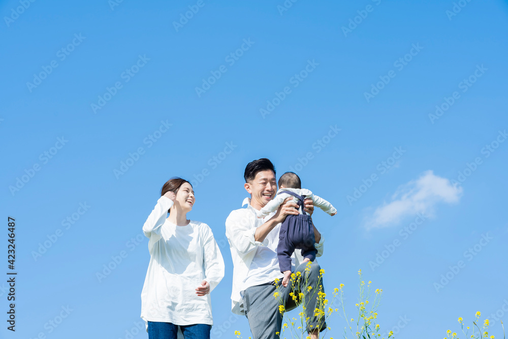 青空のもと、赤ちゃんを高く抱き上げる父母