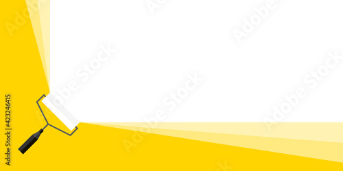 Banner for advertising. White painting roller yellow background. Roller brush for text. Vector illustration