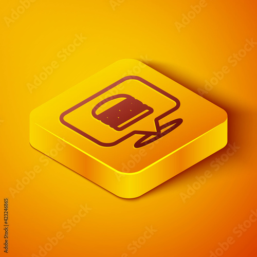 Isometric line Online ordering and burger delivery icon isolated on orange background. Yellow square button. Vector