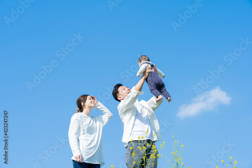 青空のもと、赤ちゃんを高く抱き上げる父母