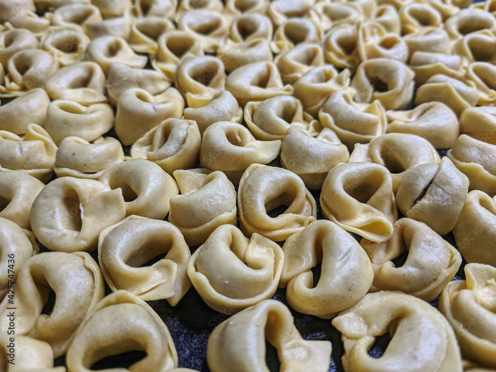 A close up top view shot of raw Tortellini with white mushrooms Texture Food photography A close up top view shot of raw Tortellini with white mushrooms Texture Food photography