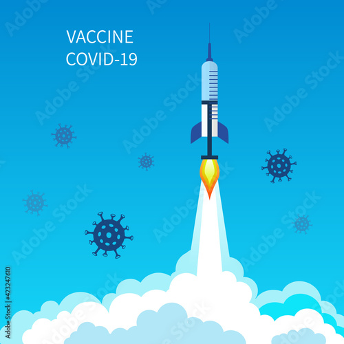 Vaccine rocket launch background. Concept of vaccine war against Coronavirus. Preparing for global vaccination against Coronavirus. Immunization campaign concept.