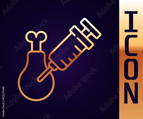 Gold line Gmo research chicken icon isolated on black background. Syringe being injected to chicken. Vector