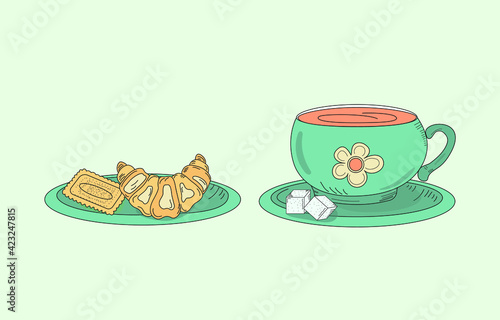 Set of traditional British cream tea with  a cup of tea on a saucer, with cookies and croissant on a plate. Doodle afternoon tea,tea party, buttermilk biscuits background.