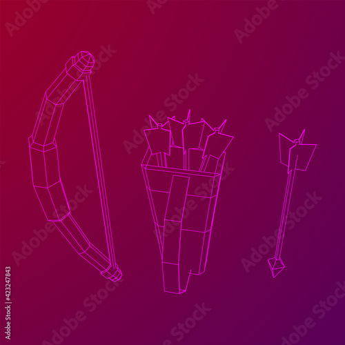 Medieval Bow and arrow archer weapon. Wireframe low poly mesh