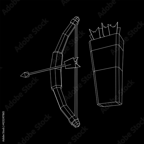 Medieval Bow and arrow archer weapon. Wireframe low poly mesh