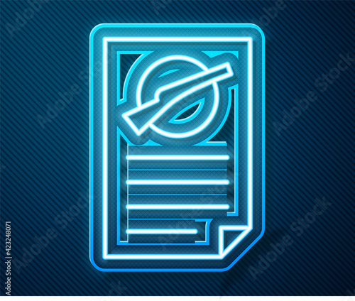 Glowing neon line Firearms license certificate icon isolated on blue background. Weapon permit. Vector