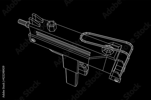 Submachine gun modern firearms pistol. Wireframe low poly mesh