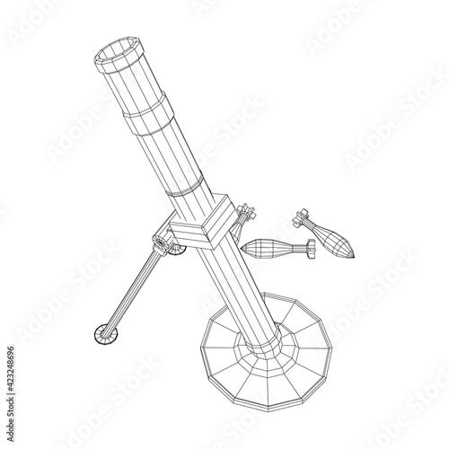 Firearm weapon army mortar and mine. Wireframe low poly