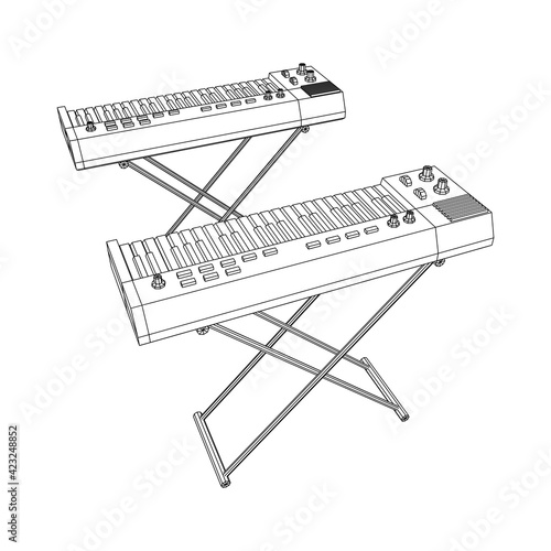 Piano roll analog synthesizer faders buttons knobs. Wireframe low poly mesh
