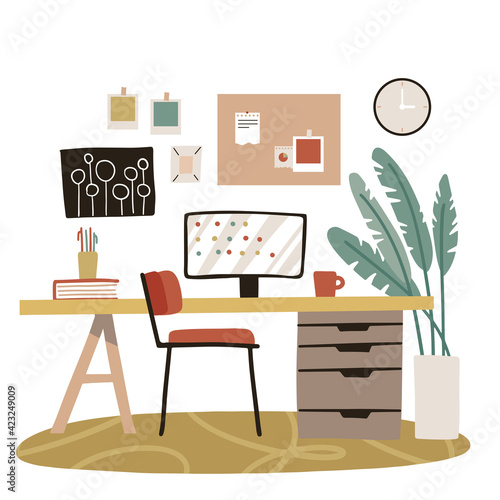 Modern home office interior design with simple furniture and elements. Armchair, palm plant, mood board, clock isolated on white background. Workspace elements vector flat illustration.