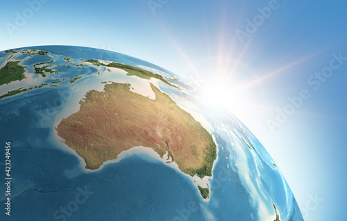 Sun shining over a high detailed view of Planet Earth, focused on Australia. 3D illustration - Elements of this image furnished by NASA