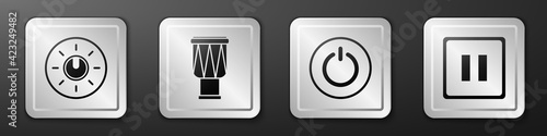 Set Dial knob level technology settings, Drum, Power button and Pause button icon. Silver square button. Vector