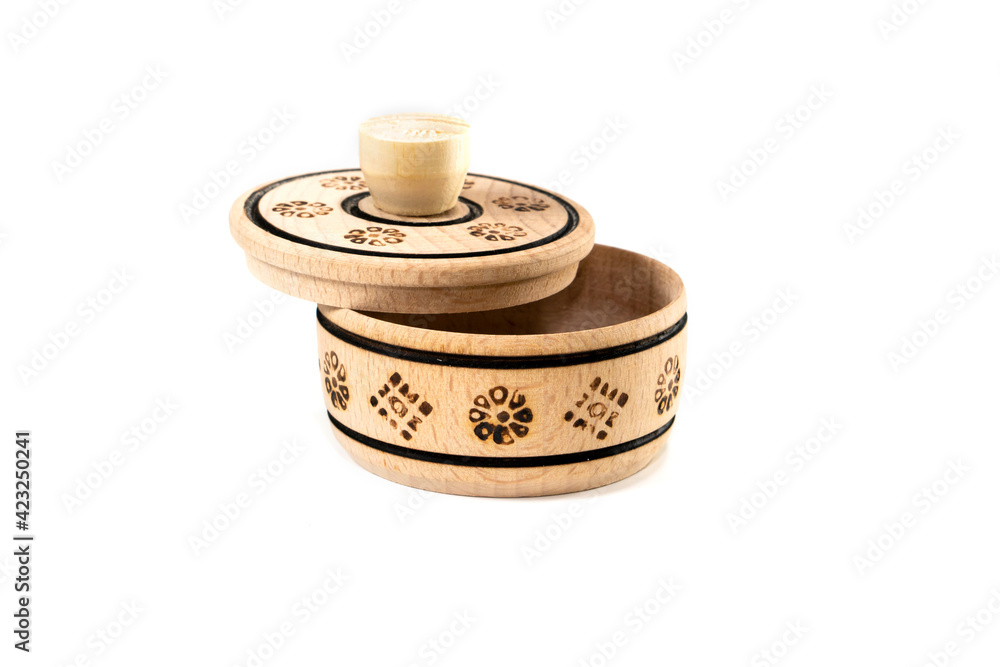 Small wooden barrel-shaped container with open lid on white background Small wooden barrel-shaped container with open lid on white background