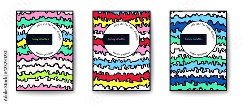 Cheerful and bright covers. Modern style minimalism and primitivism. Painterly linear doodles pattern. Vector poster card
