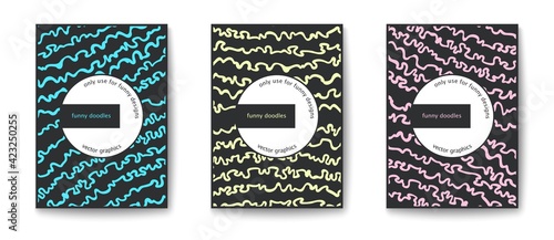 Сheerful bright flyer with fantasy pattern. Simple and funny cards. Freeform hand drawn doodle print. Vector cover templates