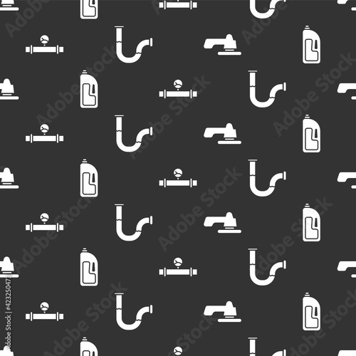 Set Water tap, Container with drain cleaner, Industry pipe and manometer and Industry metallic pipe on seamless pattern. Vector