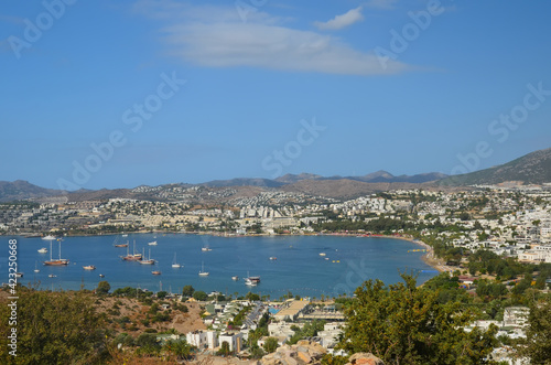 Beautiful marine landscape. Panorama View from the hill to the Gumbet bay in sunny day. Bodrum, Turkey