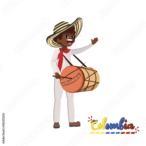 Traditional colombian man playing drum. Colombian culture - Vector illustration