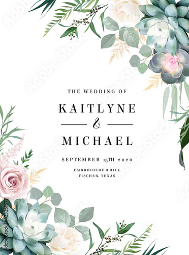 Greenery, pink rose flowers, echeveria succulent vector design invitation frame