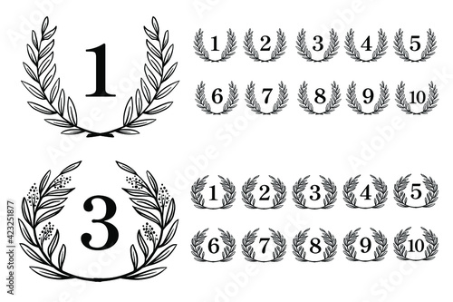 Laurel wreath set with the number of years. Graphic concept for celebrating a birthday, company anniversary or an award for 1st, 2nd, 3rd place in a competition. Vector illustration.