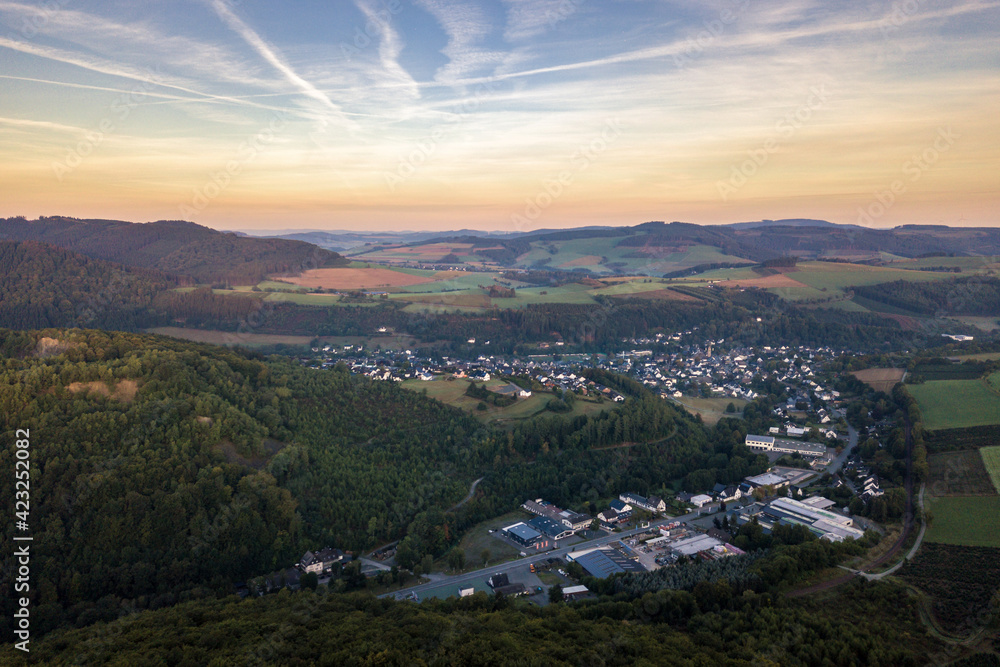 Aerial view of Siedlinghausen in Sauerland at sunrise.