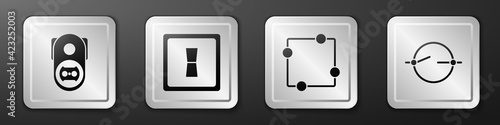 Set Electrical outlet, Electric light switch, Electric circuit scheme and Electric circuit scheme icon. Silver square button. Vector