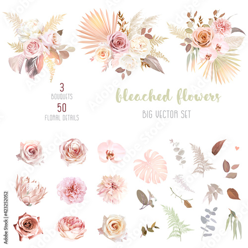 Trendy dried palm leaves, blush pink and rust rose, pale protea, white ranunculus
