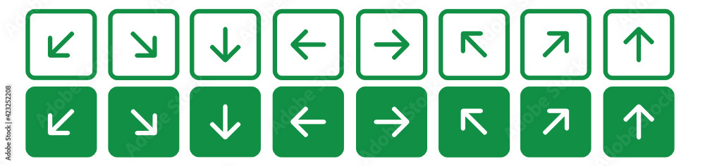 Set of 16 green arrow icons. Set of 16 green arrow icons.