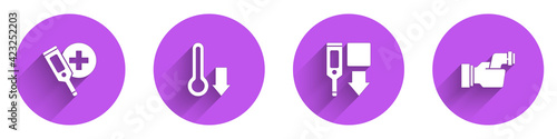 Set Digital thermometer, Meteorology, and Checking body temperature icon with long shadow. Vector