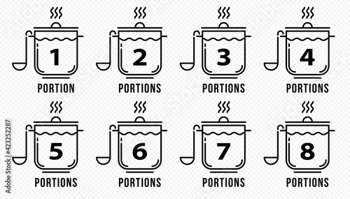 Concept for product packaging or menu. Labeling is the number of servings per dish. Casserole with soup or broth with ladle and recommended servings. Vector set.
