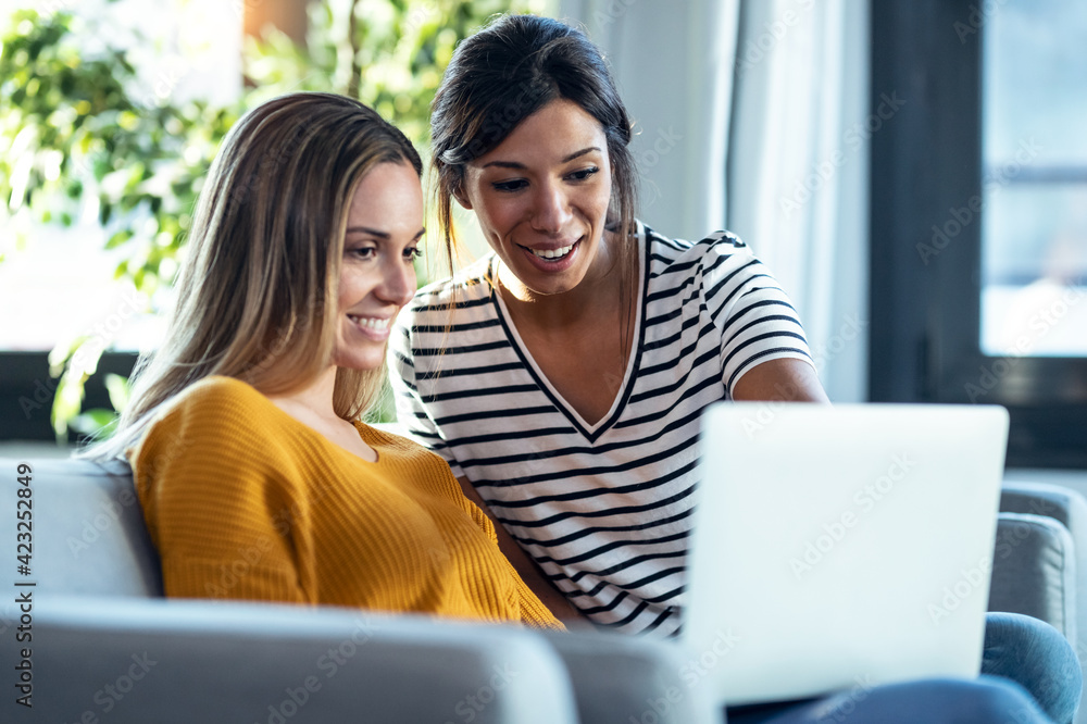 Two happy beautiful women using computer while planning their vacation sitting on the couch at home. Two happy beautiful women using computer while planning their vacation sitting on the couch at home.