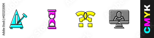 Set Metronome with pendulum, Old hourglass, Question mark and Psychologist online icon. Vector
