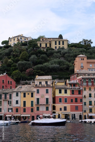 Yachts and Recreationa Boats - Colorful Traditional Houses - Portofino, Italy - Luxury High-End Little Town with a Small Harbour in Italian Riviera photo