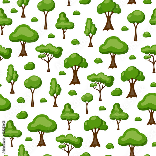 Colorful seamless pattern of cartoon trees isolated on white background. Modern nature green plants  forest. Vector illustration 