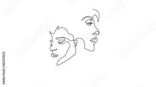 FACE OF FEMALE AND MALE. CONTINUOUS LINE DRAWING. STROKE TRIM. SURREAL ART ANIMATION