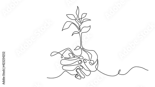 TREE GROWING IN HAND. CONTINUOUS LINE DRAWING. STROKE TRIM. SURREAL ART ANIMATION