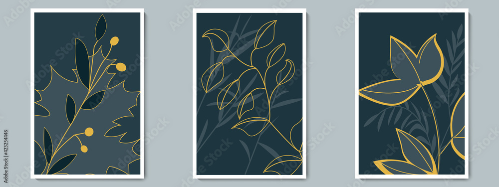 Botanical Dark Wall Art Vector Poster Set. Minimalist Golden Shadow Foliage with Night Background.