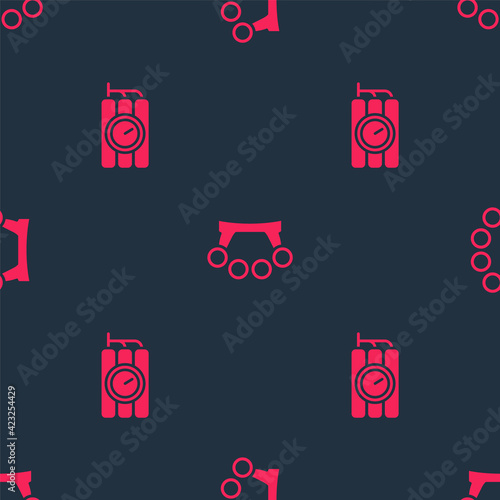 Set Dynamite and timer clock and Brass knuckles on seamless pattern. Vector