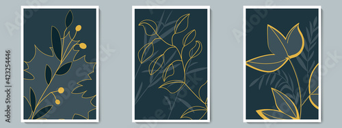 Botanical Dark Wall Art Vector Poster Set. Minimalist Golden Shadow Foliage with Night Background.