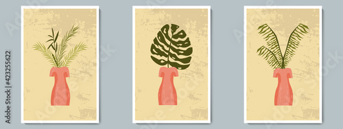 Hand Draw Unusual Woman Figure Pottery Vase with Tropical Plants. Trendy Collage for Decoration in Greek Style.