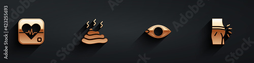 Set Heart rate, Shit, Blindness and Abdominal bloating icon with long shadow. Vector