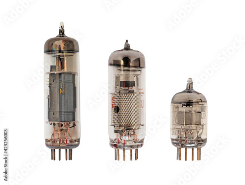 Vacuum electronic radio tubes isolated on white background. sound lamp set photo