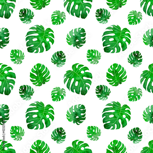Seamless pattern green monstera leaves watercolor on white 