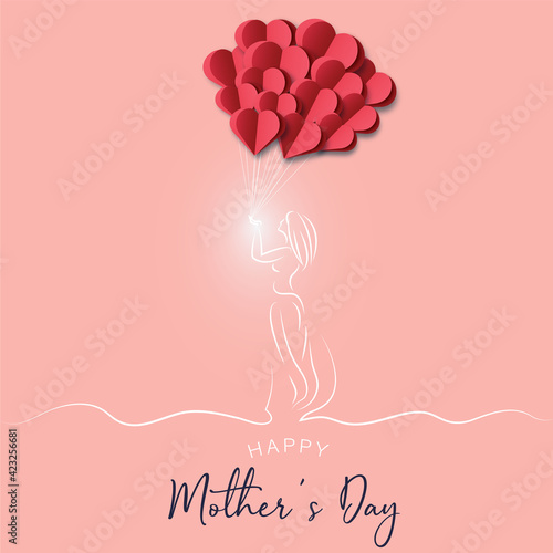 Happy Mothers Day card. Woman hold  with air balloons hearts