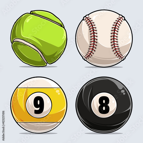 Sport balls collection, Baseball ball, Tennis Ball, Billiard 8 ball and 9 ball